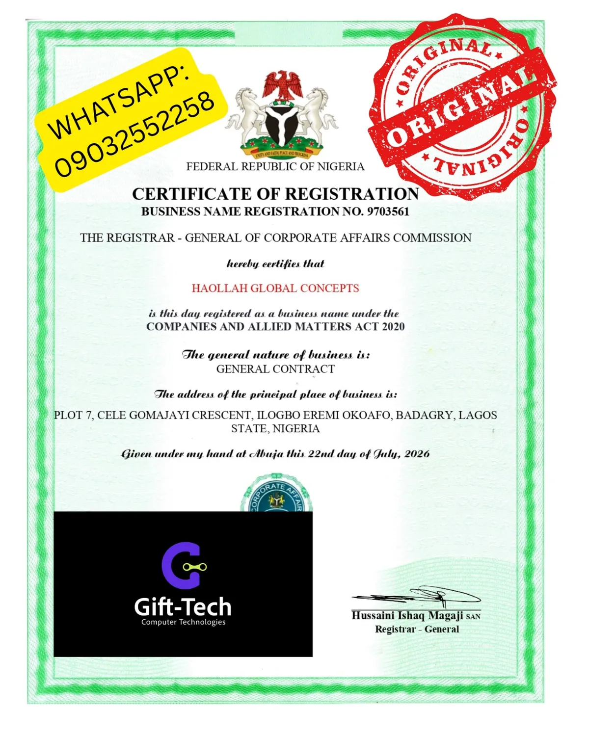 Sample CAC registration certificate 1 from Gift-Tech portfolio