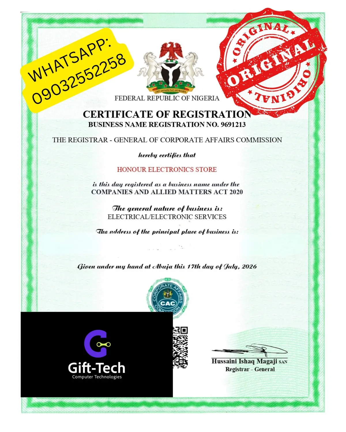Sample CAC registration certificate 2 from Gift-Tech portfolio