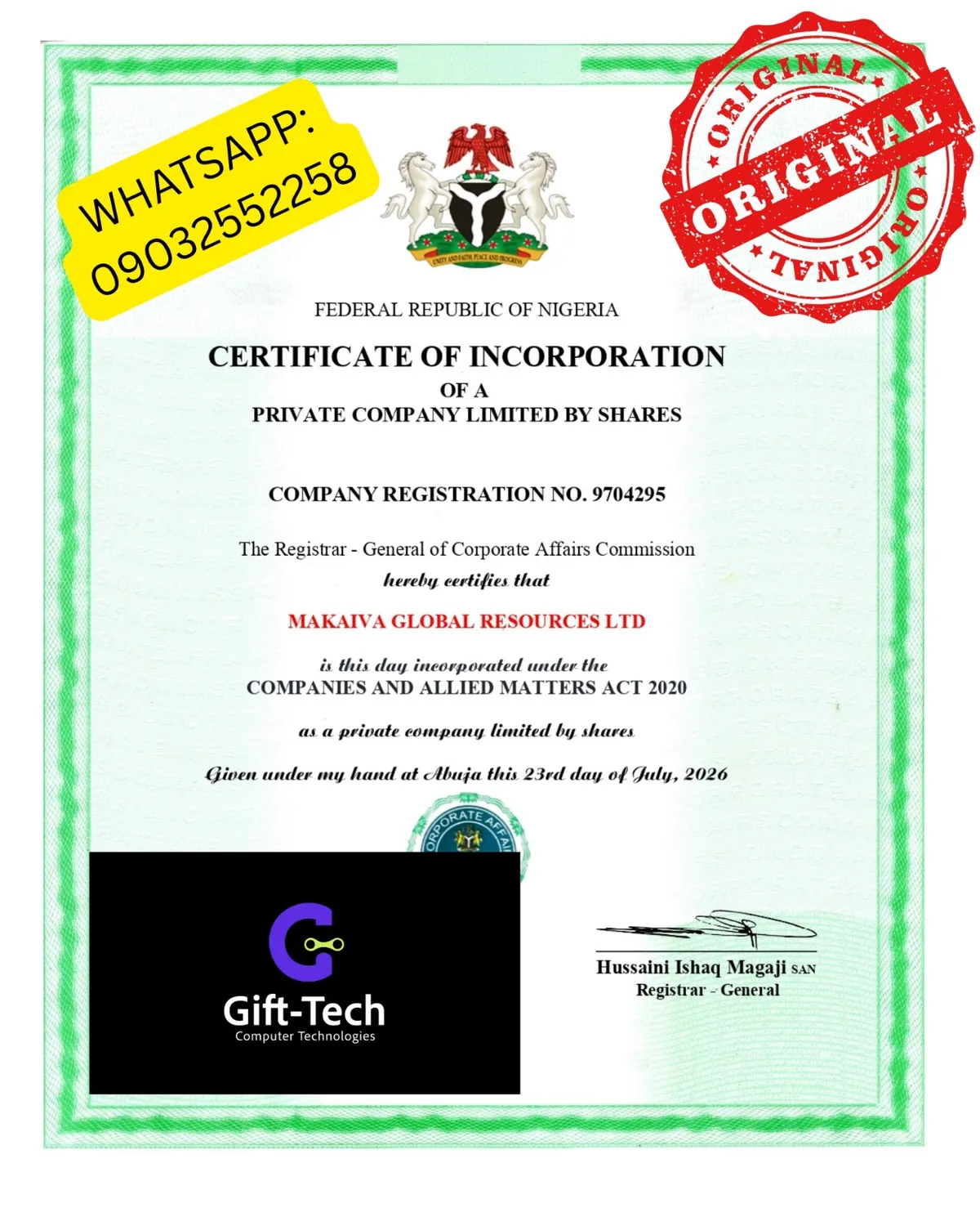 Sample CAC registration certificate 3 from Gift-Tech portfolio