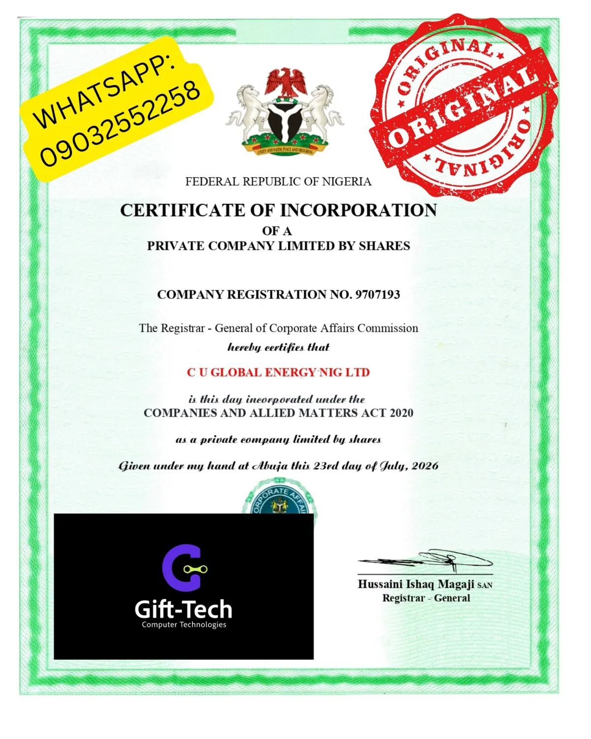 Sample CAC registration certificate 4 from Gift-Tech portfolio