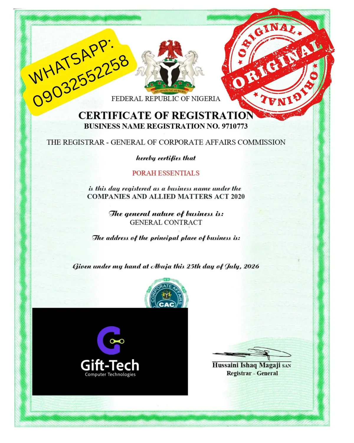 Sample CAC registration certificate 5 from Gift-Tech portfolio